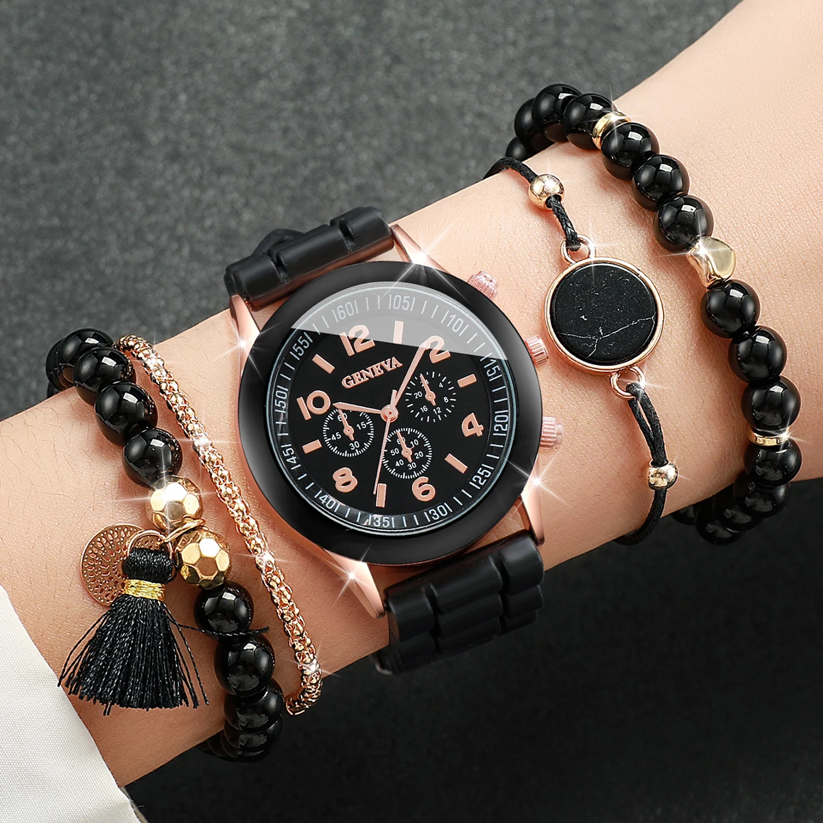 5pcs/set Women Silicone Band Quartz Watch and Beads Tassels Bracelet Set