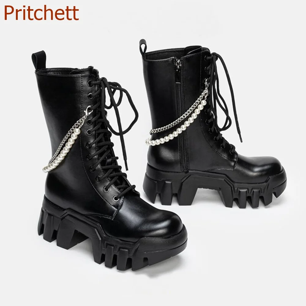 Round Toe Metal Chain Women Boots Mid Calf Cross Tied Fashion Mid Calf Casual Comfortbale Office Women Shoes 2023 New Arrivals