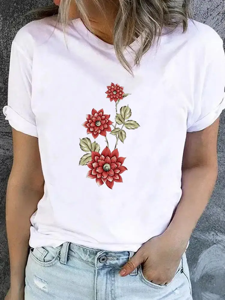 Flower Sweet Trend Cute 90s T-shirt Ladies Fashion Basic Women Graphic Short Sleeve Clothing Tee Top Clothes Print T Shirt