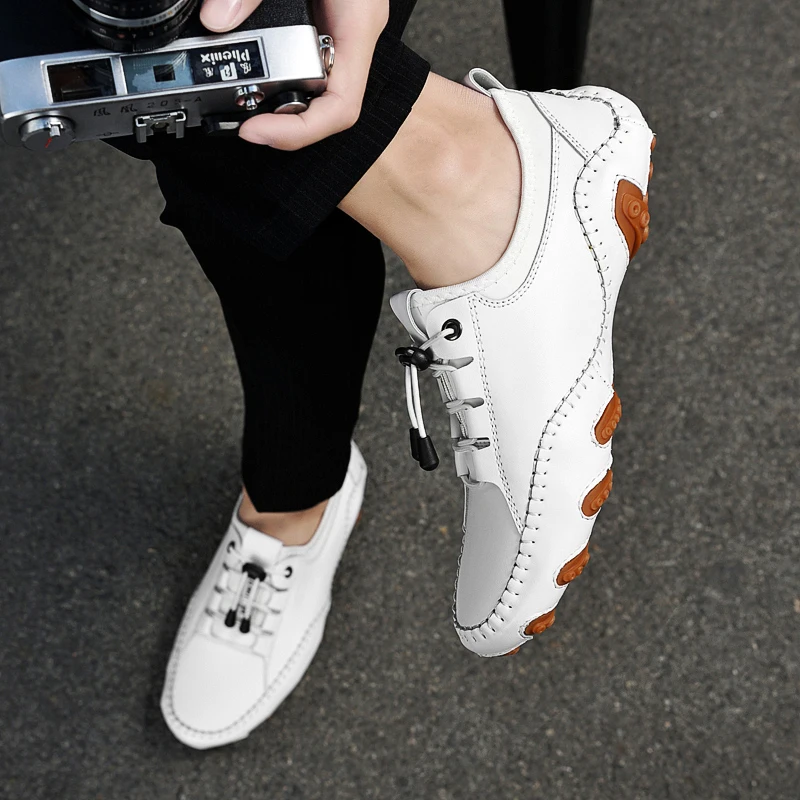 Casual Shoes Men Leather Sneakers Summer Breathable Men's Shoes Fashion Driving Plus Size 38-47 Flats Trainers