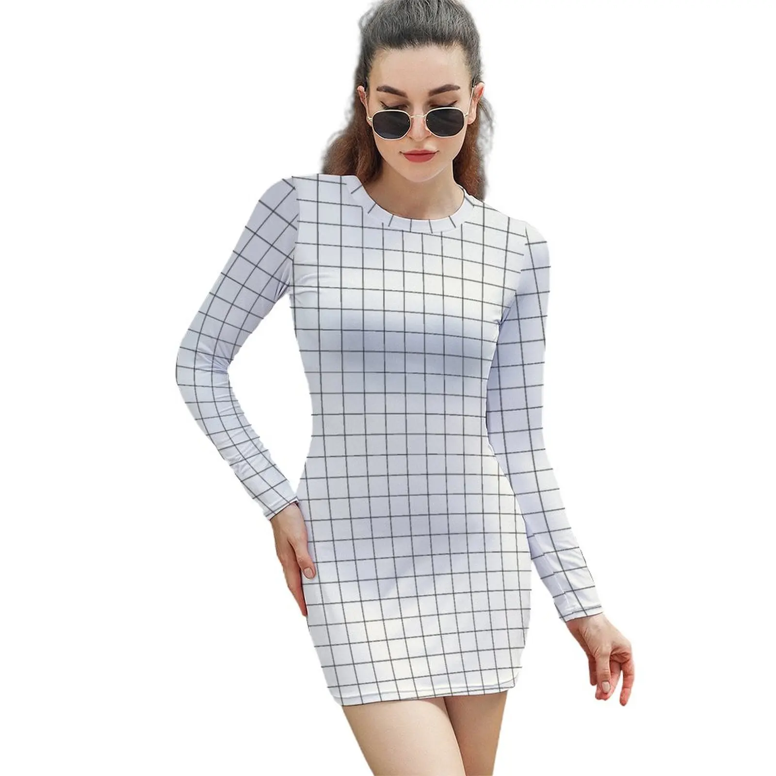

White Grid Long-Sleeved Sheath Dress fairy dress dresses for official occasions summer dresses womens 2024