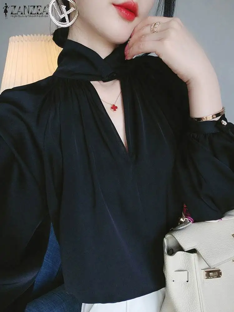 

ZANZEA Office Lady Elegant Tops 2023 Autumn Fashion Solid Blouse Hollow Out Shirt Casual Long Sleeve Twisted Neck Chemise Femme