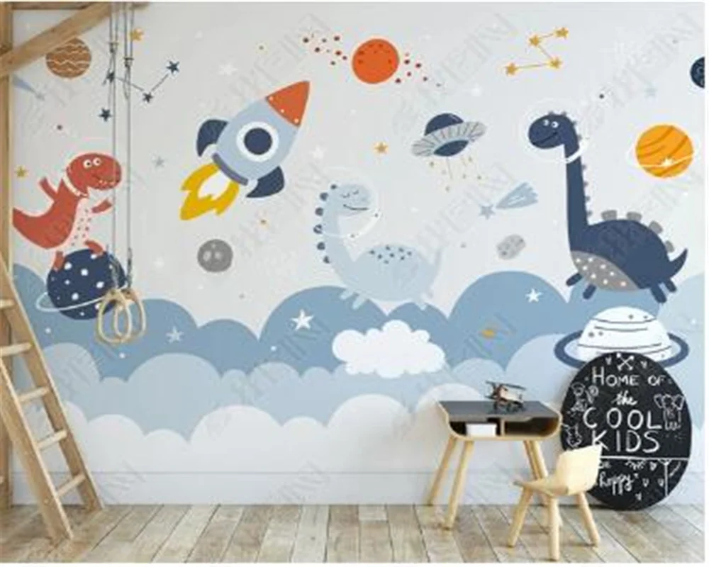 

Milofi Custom wallpaper mural Nordic hand drawn space planet rocket cartoon little dinosaur children's room background wall