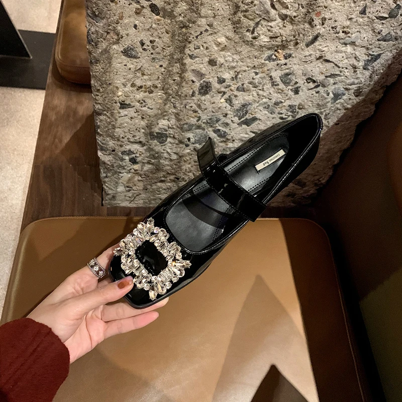 

Women Shoes Black Square Toe Rhinestone Thick Heel Fashion Ladies Flat Shoes Ladies Elegant Daily Casual Office Work Shoes