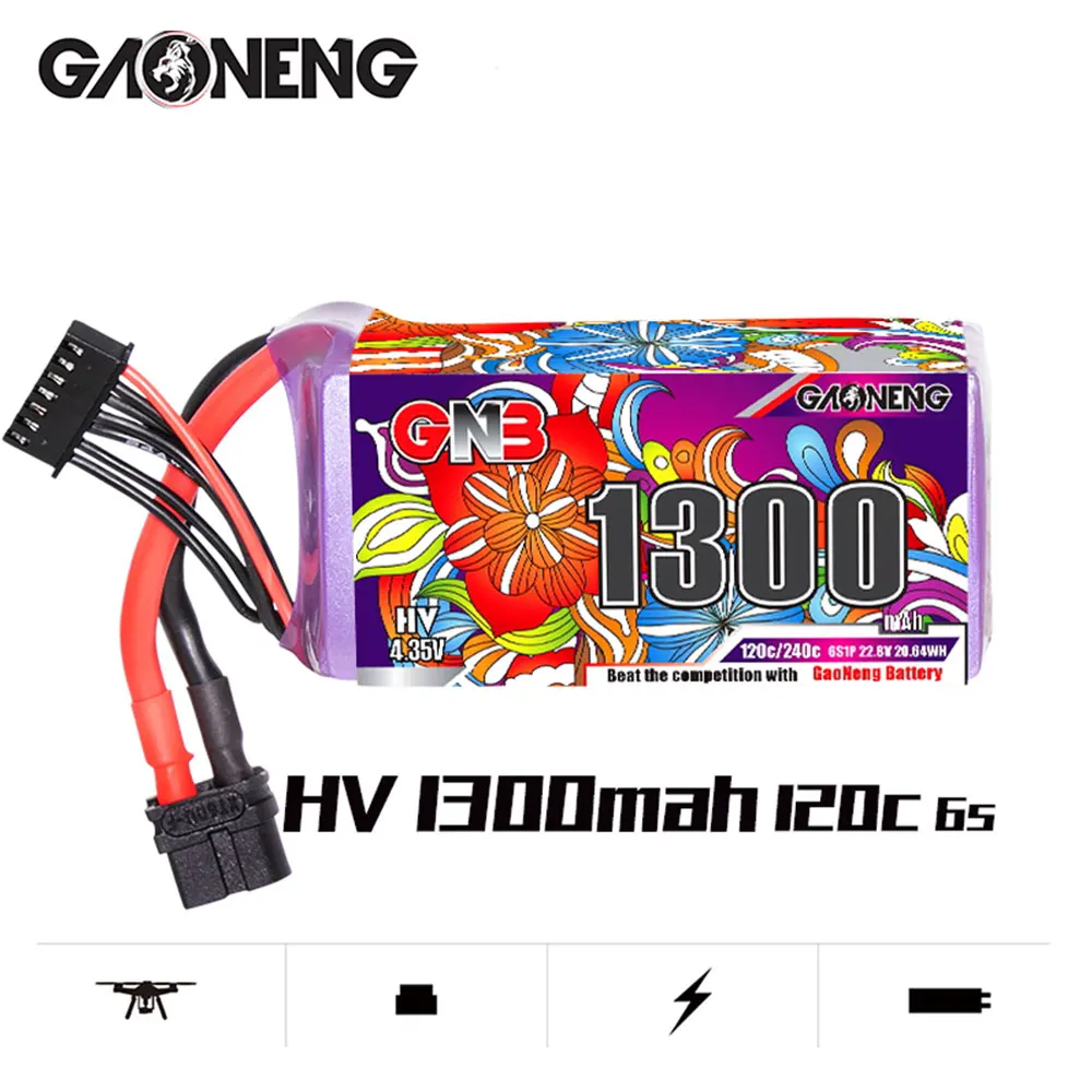 

GAONENG GNB 1300mAh 6S 22.8V 120C Light Weight High Power Long Fly Time LiHV Lipo Battery With XT60 Plug For FPV Racing Drone