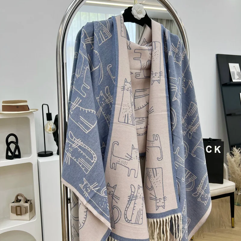 

2022 Korean autumn winter new women's scarf fashion aging cute cat double-sided scarf long tassel cashmere like thickened shawl