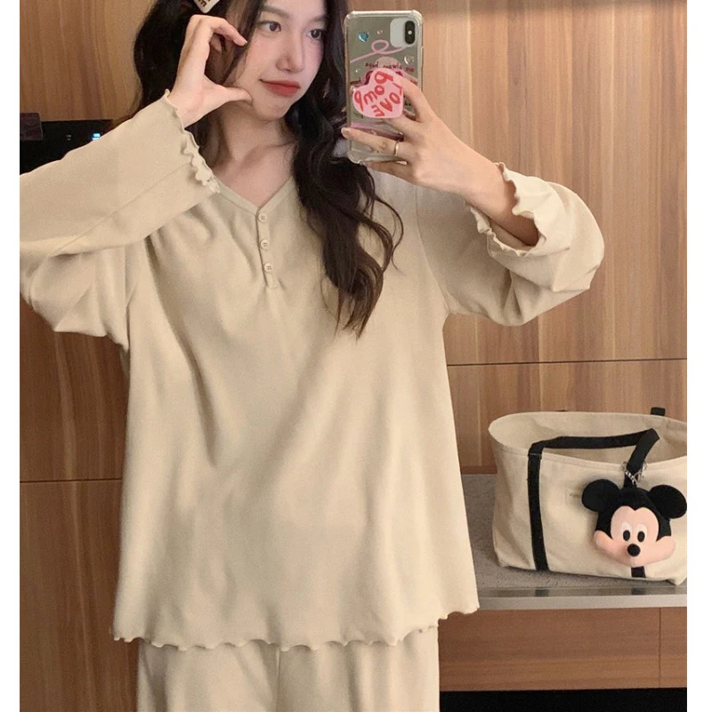 Spring Autumn Women's Pajama Set Solid Simple New Double-sided Velvet Warm Sleepwear Female Long Sleeves Pants Home Nightgown