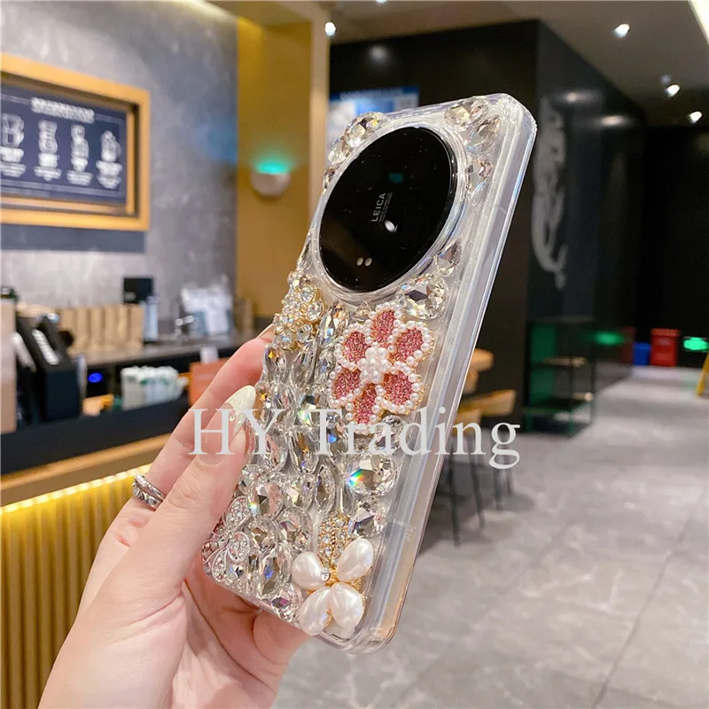 Pink Flower Glitter Silver Diamond Case For Xiaomi 15 Ultra 12s/13/14 Ultra 15 Pro Fundas Bling Rhinestone Transparent Cover