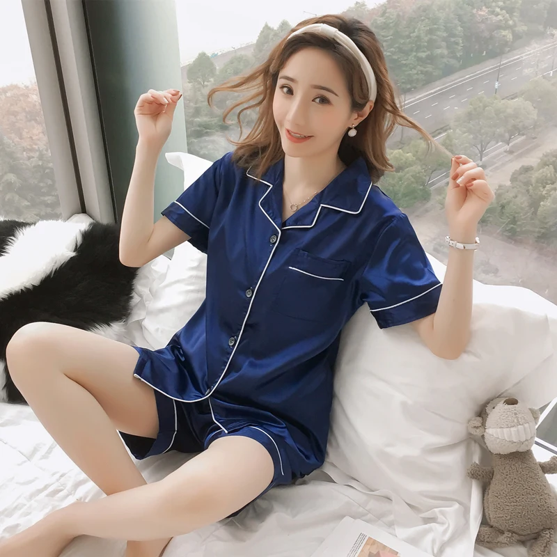 

Spring Summer Women Pajamas Set Faux Silk Satin Pyjama Short Sleeve Two Piece Sleepwear Top Nightwear Set New Homewear 5XL