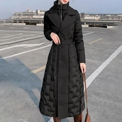 High End Down Jacket Women's Long Winter Slim Fit Waist Standing Collar White Duck Down Jacket Windbreaker Style