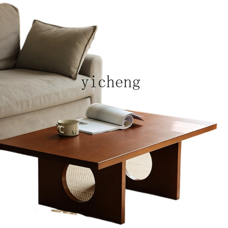 

ZXP Solid Wood Coffee Table Log Plate Table Teak Color Small Apartment Living Room Simple Middle Ancient Side Table