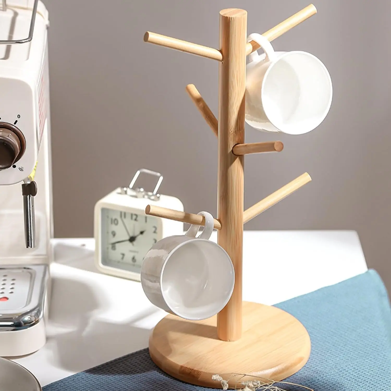 

6 крючков, держатель для кружек, деревянный держатель для чашки с деревом, держатель для кружек с деревом, Настольный держатель, компактный многоуровневый вверх дном