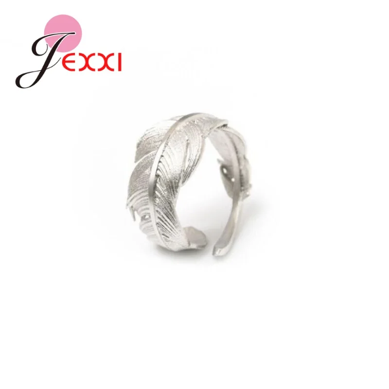 Silver Ring 925 Sterling Silver Feather Shape Open Finger Rings For Women Crystal Jewelry Christmas Gift Adjustable