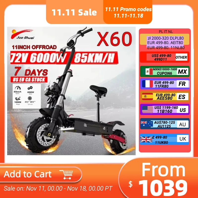 Electric scooter 72V 6000W dual motor 53MPH & 50Miles foldable for adults