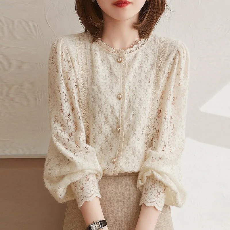 Women's Lace Blouse with Lantern Sleeves - Stand Collar Top