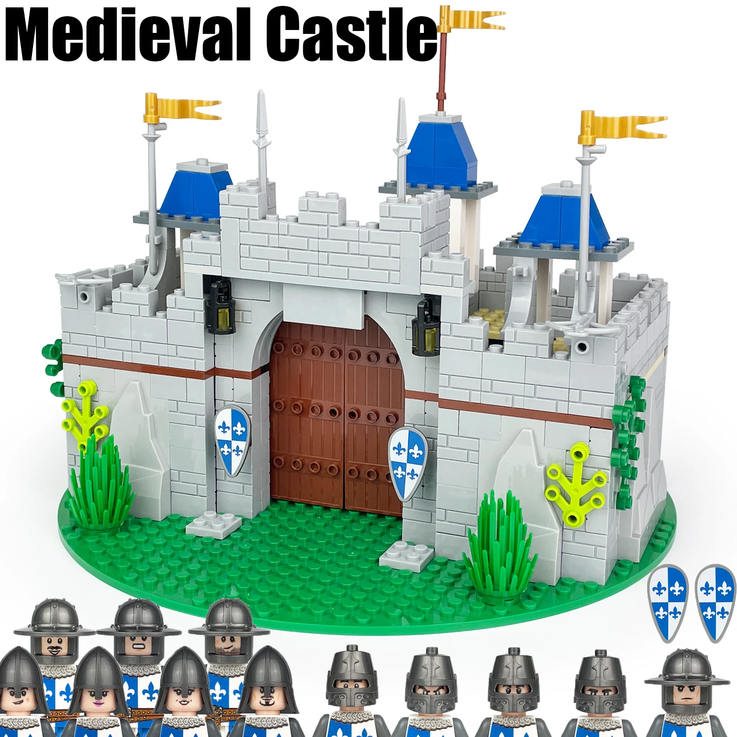 

MOC Medieval European Castles Building Blocks Military Knights Soldier Figures Warrior Army Helmet Swords Weapons Bricks Toy Boy