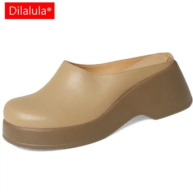 

Dilalula 2024 Concise Women Pumps Round Toe Wedges Heels Mules Genuine Leather Slippers Sandals Shoes Woman Casual Spring Summer