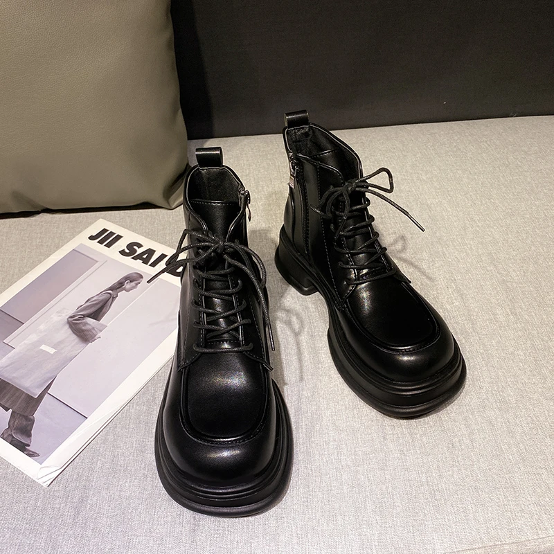 

2023 New Neutral Leisure Fashion Women Ankle Boots Motorcycle Boots Genuine Leather Thick Heels Autumn Winter Casual Shoes Woman