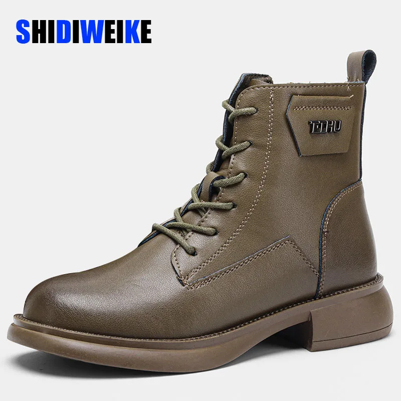 

SDWK Vintage Genuine Leather Ankle Boots Autumn Winter High-Top Casual Shoes Full-Grain Stitching Soft Bottom Rubber Boots