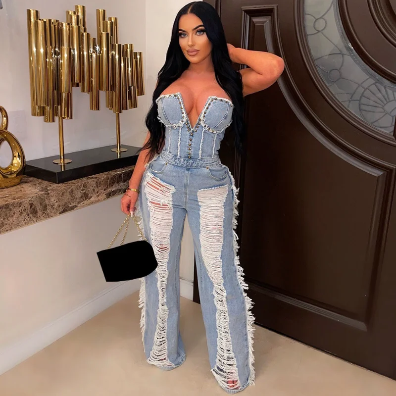 

WUHE Studded Washed Denim Jumpsuit Women 2023 Fashion Summer Sexy One Pieces Ripped Jeans Tube Top Wide Leg Jumpsuits