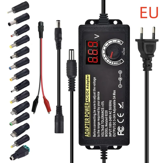 แหล่งจ่ายไฟ AC เป็น DC แบบปรับได้ สำหรับห้องปฏิบัติการ 3V-24V-3A อะแดปเตอร์อเนกประสงค์แบบพกพา ปลั๊ก EU/US พร้อมคลิปหนีบสาย 1