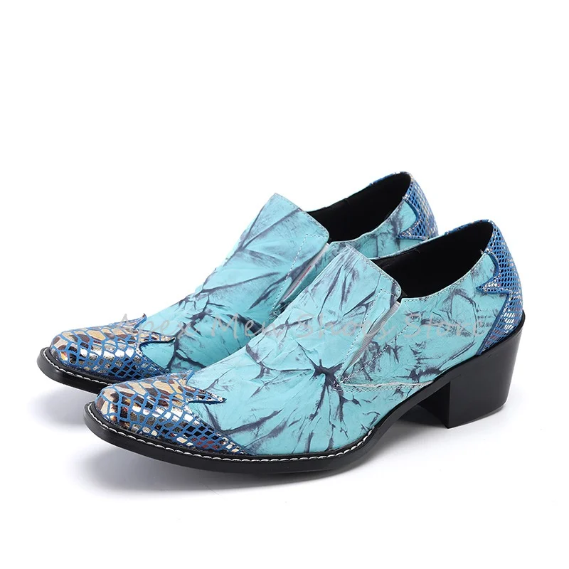 Retro Blue Square Toe Chunky Heel Men's Loafers Spring New Snake Pattern Slip On Brogues Cowhide Casual Footwear Large Size