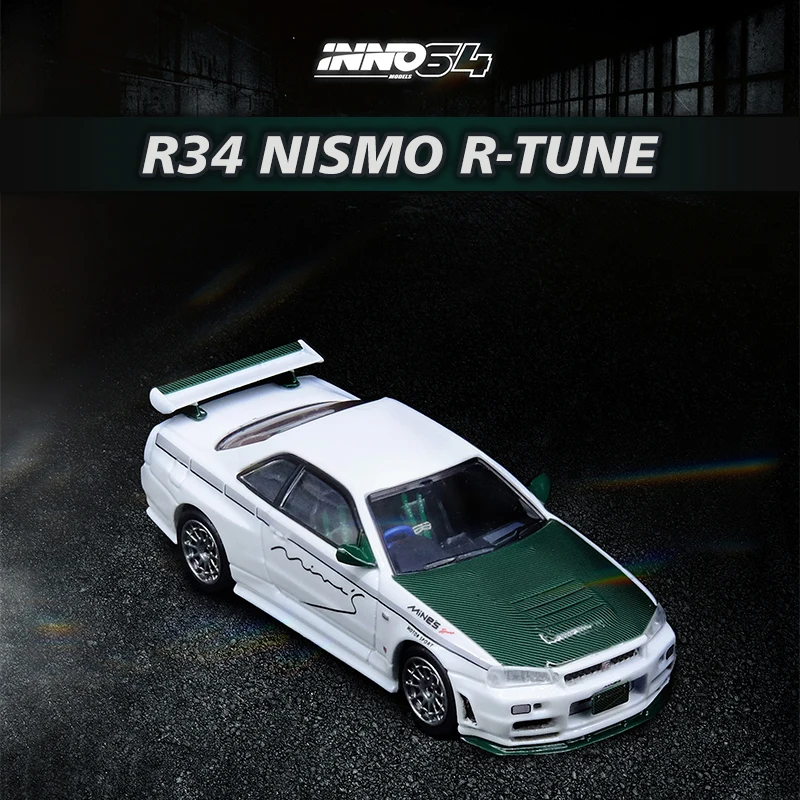 

INNO In Stock 1:64 GTR R34 NISMO R-TUNE MINES Green Carbon Diecast Diorama Car Model Collection Miniature Carros Toys