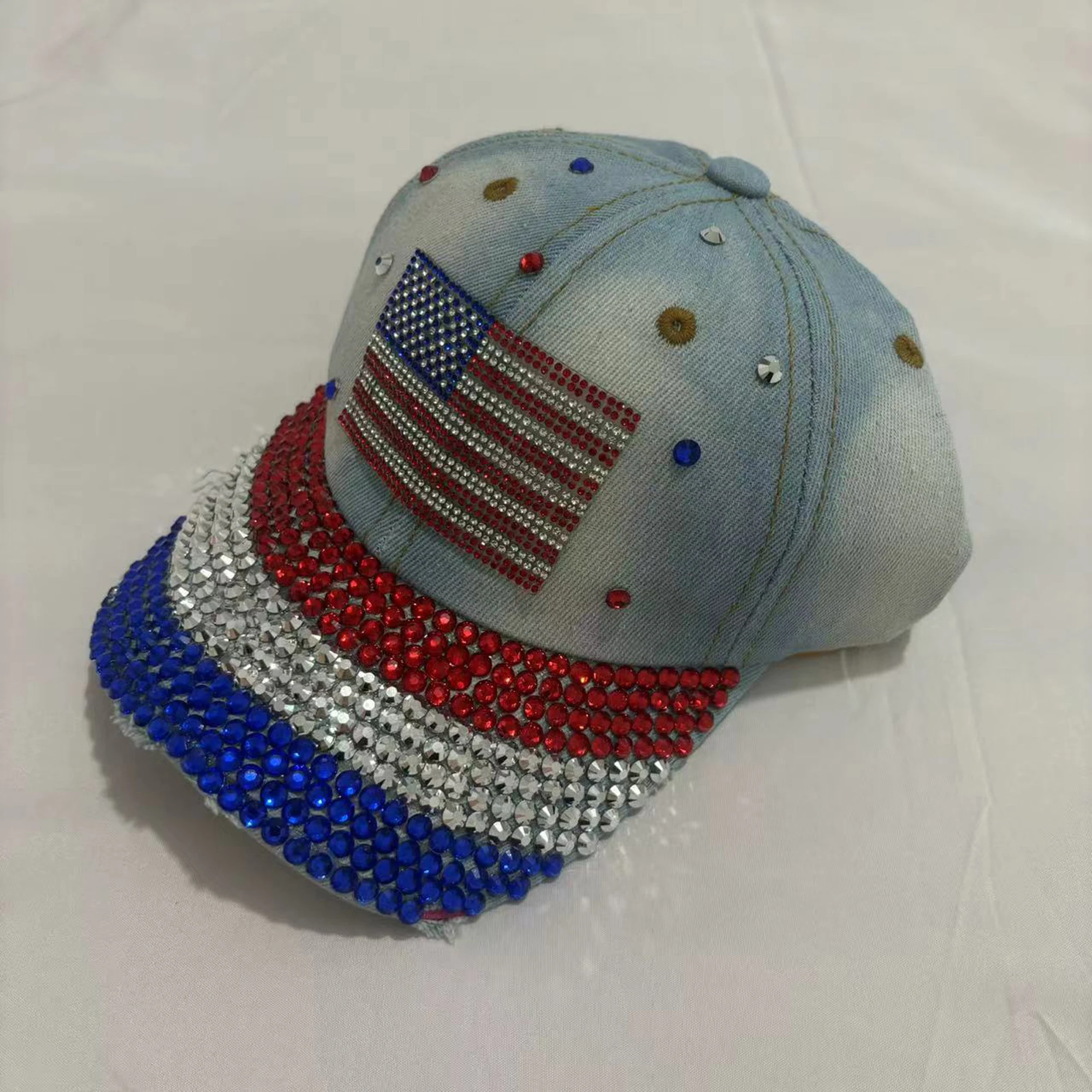 American Flag Embroidered Patriotic Baseball Cap for Women with Rhinestone Detail and Sun Protection