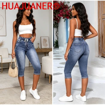 Hole Jeans Women Calf Length Pants Denim Fit High Waist Drawstring Pockets Vintage Pencil Trousers 2026 Streetwear Denims
