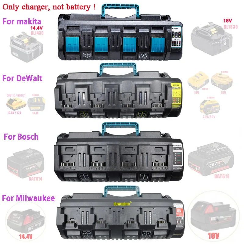 

4 Port Li-Ion Battery Charger For Makita For Bosch For Dewalt For Milwaukee 14.4V 18V 20V DC18SF DCB104 BS1418 M18 BL1830 AL1860