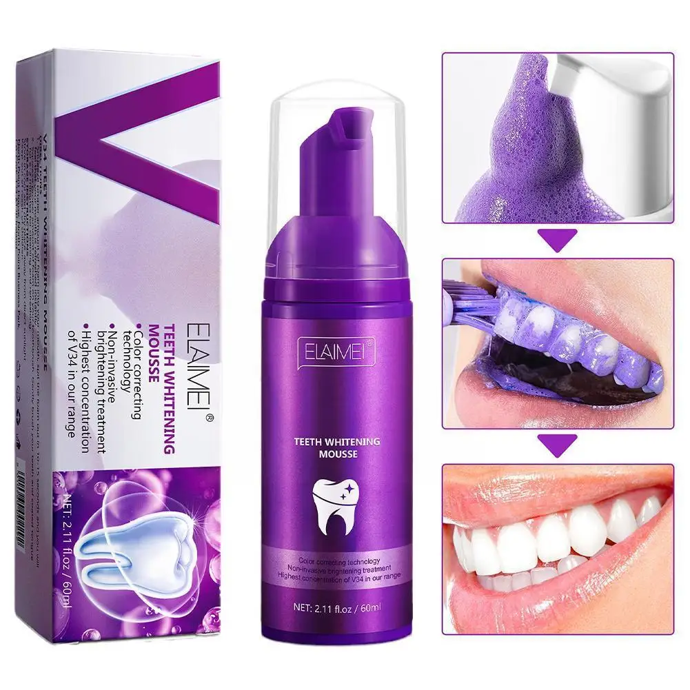 

60ml Purple Teeth Whitening Mousse Deep Cleaning Tooth Breath Plaque Stains Toothpaste Fresh Long-lasting Cigarette Yellow A8U8