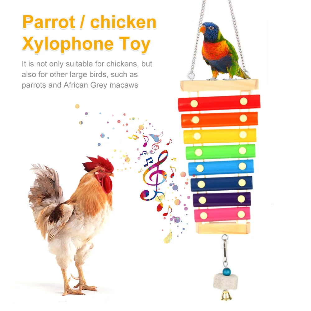 Bird Toy Bird Chicken Xylophone Toy Wooden Suspensible Bird Cage Accessories Musical Toy with 8 Keys for Chicken Parrot Macaw Hens Parrot Toy Bird Cage Accessories
