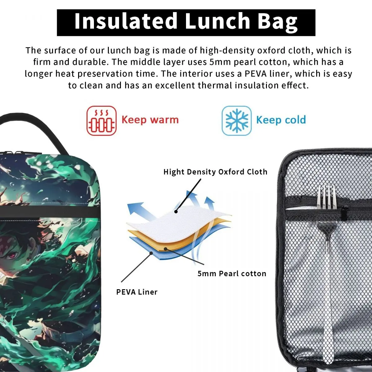 Demon Slayer Insulated Lunch Bag Thermal Bag 
Meal Container Tanjiro Kamado Leakproof Lunch Box Tote Food Handbags Office Picnic 5