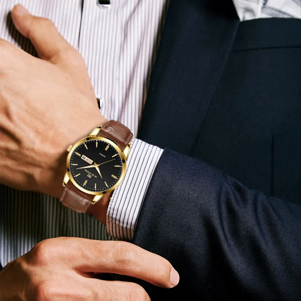 2023 New Men's Business Watch Classic British Style Leather Gold Black Casual Quartz Watch Luxury Glow Men Waterproof Wristwatch 5