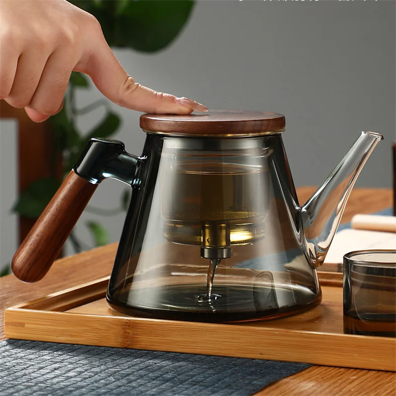 Easy One Click Tea Separation Filtration Teiere In Vetro Con Manico In Legno 850Ml Tea Water Separation Teiera Con Filtro Infusore