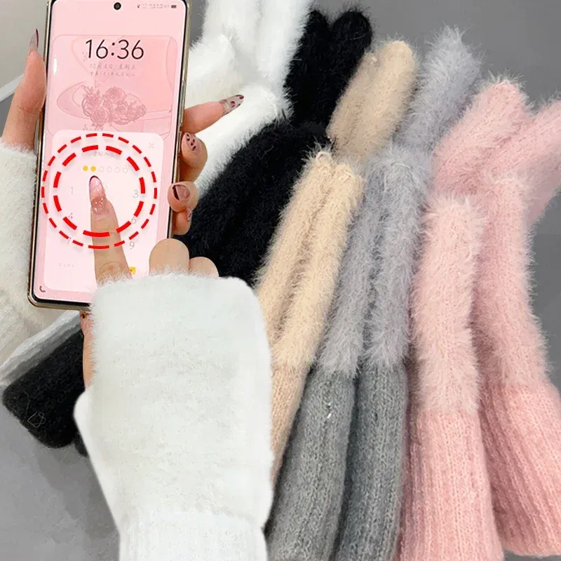Cold Proof Half Finger Gloves Women Winter Fluffy Warm Glove Outdoor Low Temperature Weather Thickening Plush Fingerless Gloves