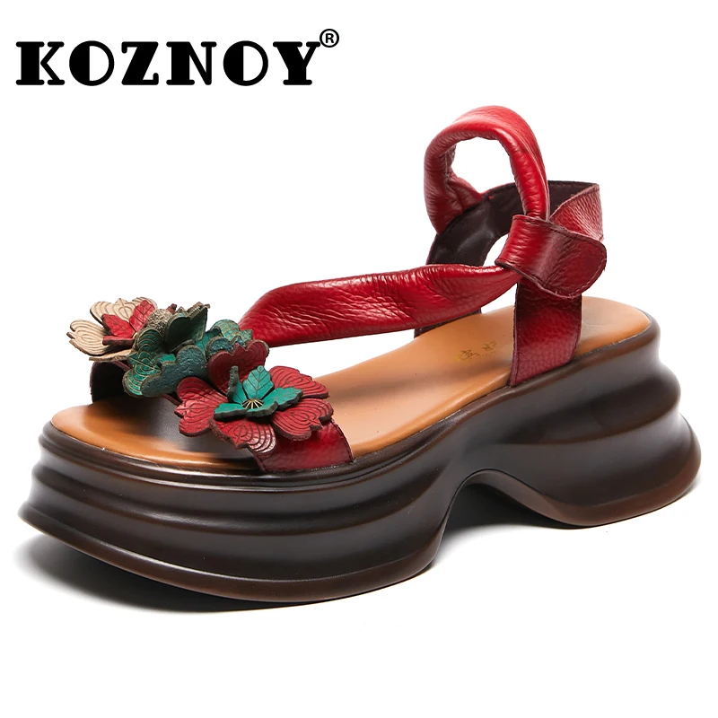 

Koznoy 6cm Women Sandals Ethnic Appliques Flower Fashion Moccasins Cow Genuine Leather Summer Hook Platform Wedge Ladies Shoes