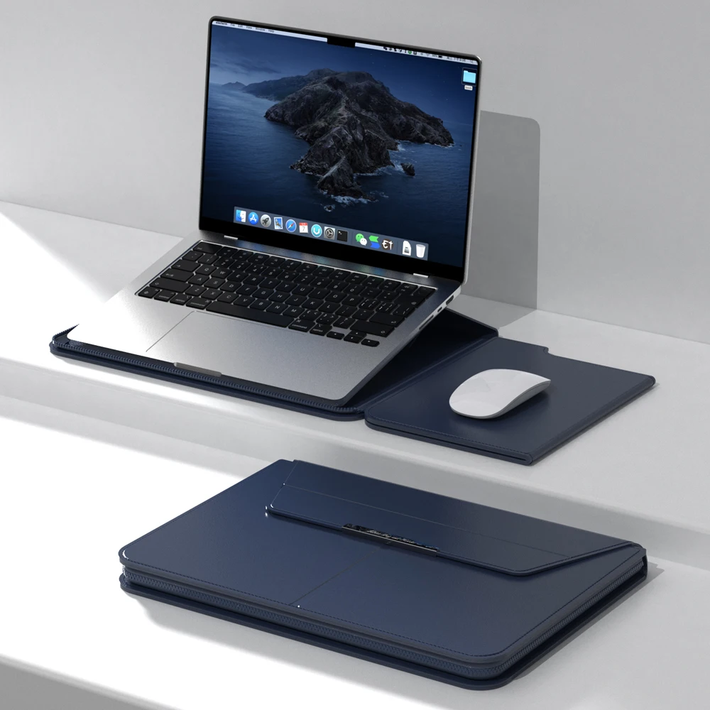 Premium PU Leather Laptop Sleeve Case with Built-In Stand