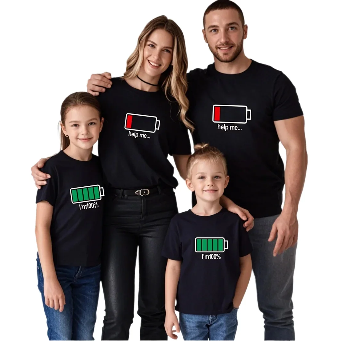Funny Battery Pattern Family Matching Clothes Daddy Mommy Son Daughter Tops Summer Short Sleeve Family T-shirt