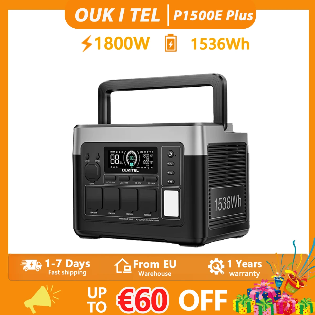 OUKITEL P1500 PLUS 1800W Przenośna Stacja Zasilania 1536Wh z EU za $491.24 / ~1788zł