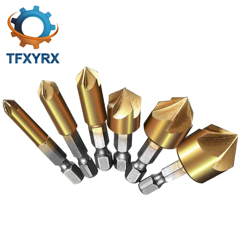6pcs6mm19mmCountersinkDrillBitSet14HexShankHSS5Flute