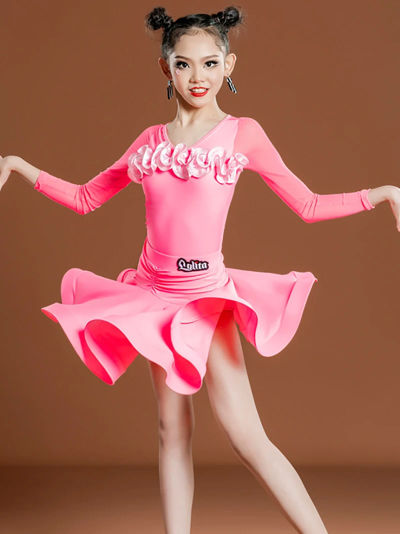 Latin Dance Dress Clothes Kids Ruffles Long Sleeve Tops Skirt Women Girls Tango Costume Cha Cha Rumba Performance Dancewear