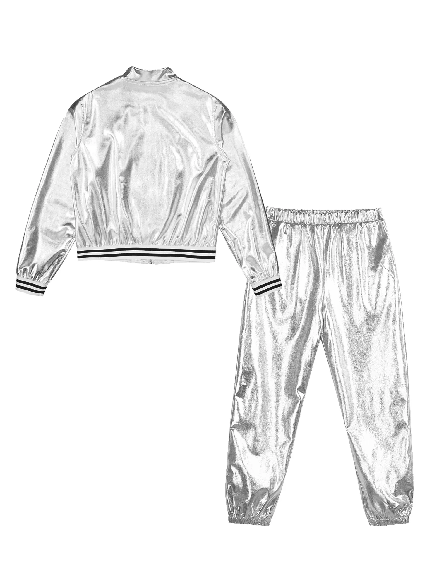 Kids Girls Jazz Hip-hop Dance Costume Sports Street Dancing Performance Outfits Shiny Metallic Jacket Bomber Coat with Pants