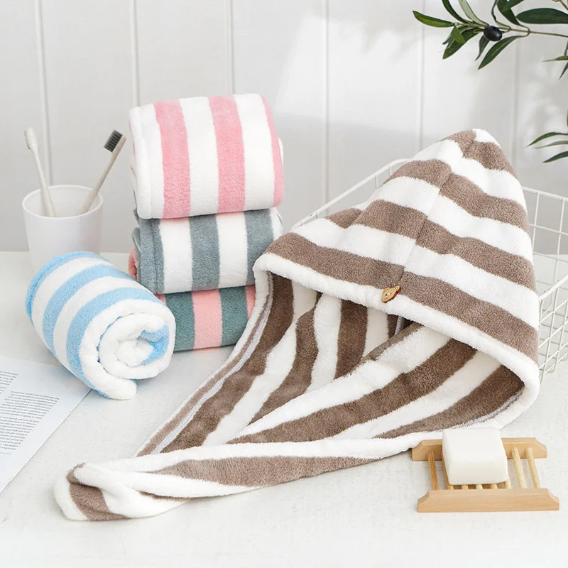 Microfiber Hair Towel Wrap Thickened Coral Velvet Cationic Dry Hair Cap Water Absorption and Quick Drying Striped Bath Cap 4 Microfiber Hair Towel Wrap Thickened Coral Velvet Cationic Dry Hair Cap Water Absorption and Quick Drying Striped Bath Cap 4