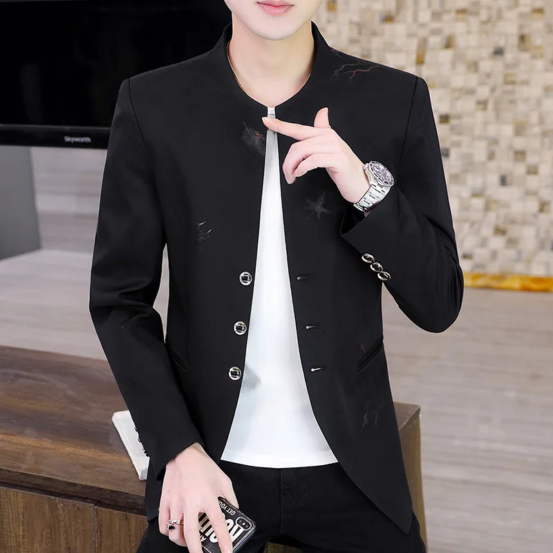 Autumn Feather Print Men Blazers Slim Fit Long Sleeve Collarless Casual Suit Jacket Korean Fashion Business Dress Coats M-4XL