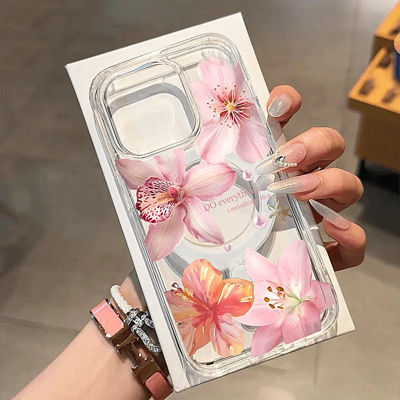 Flower Hibiscus Floral Case For iPhone 16 17 Pro Max 15 14 11 12 1 3 16E 17Air 7 8 Plus Magsafe Magnetic Wireless Charge Cover