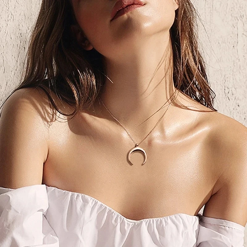 Stainless Steel Half Moon Crescent Necklace For Women Metal OX