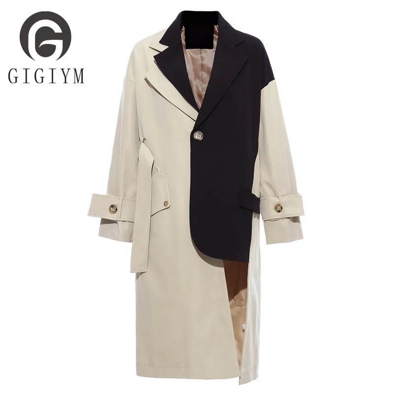 GIGIYW Autumn Winter New Asymmetric Color Contrast Stitching Suit Collar Trench Coat Personality British Style Medium Long Coat