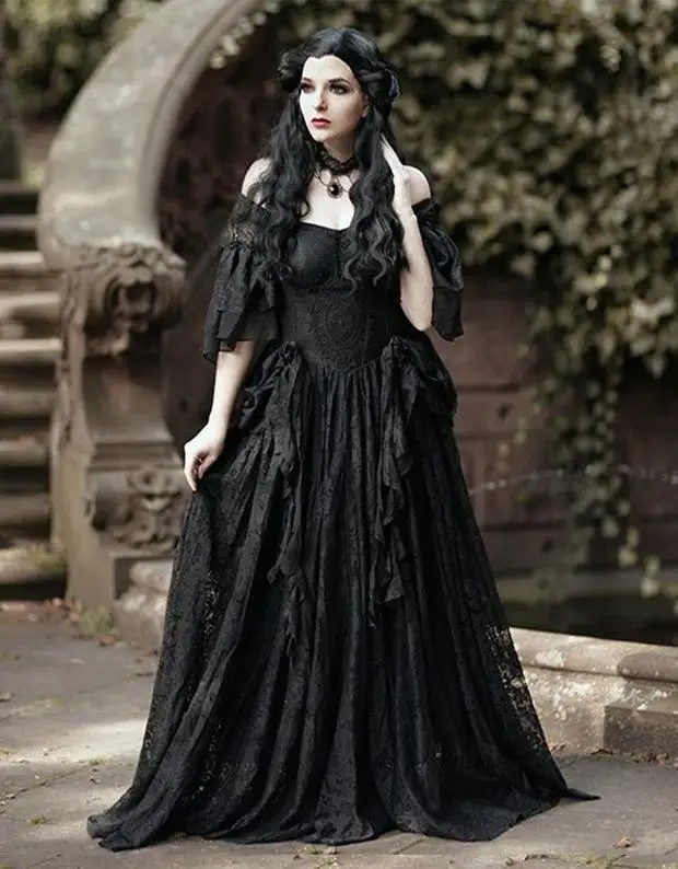 Vintage Victorian Gothic Black A Line Wedding Dress Lace Off Shoulder ...