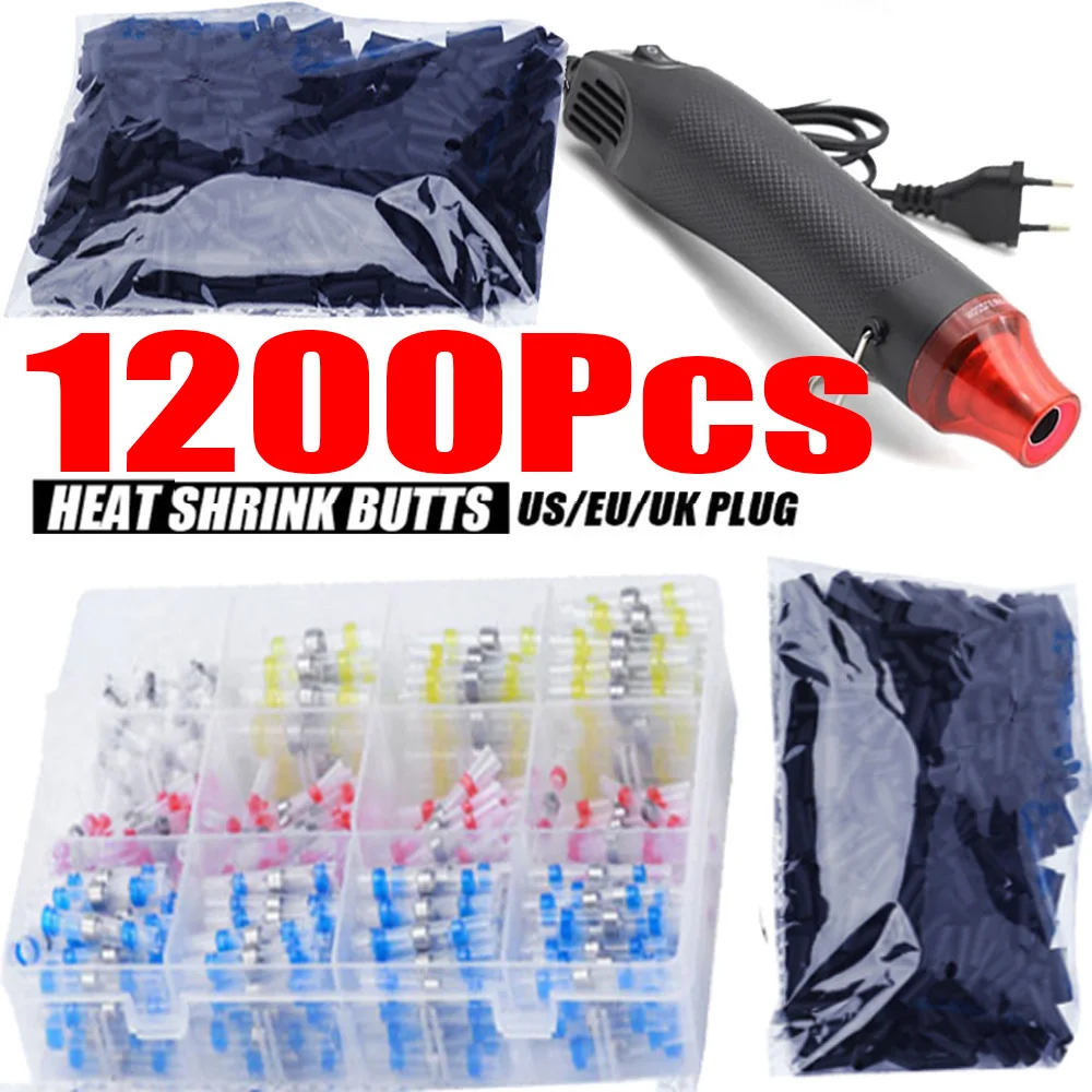 1200PCS Waterproof Heat Shrink Butts Crimp Terminals Solder Seal Electrical Wire Cable Splice Kit with 300W Hot Air Gun